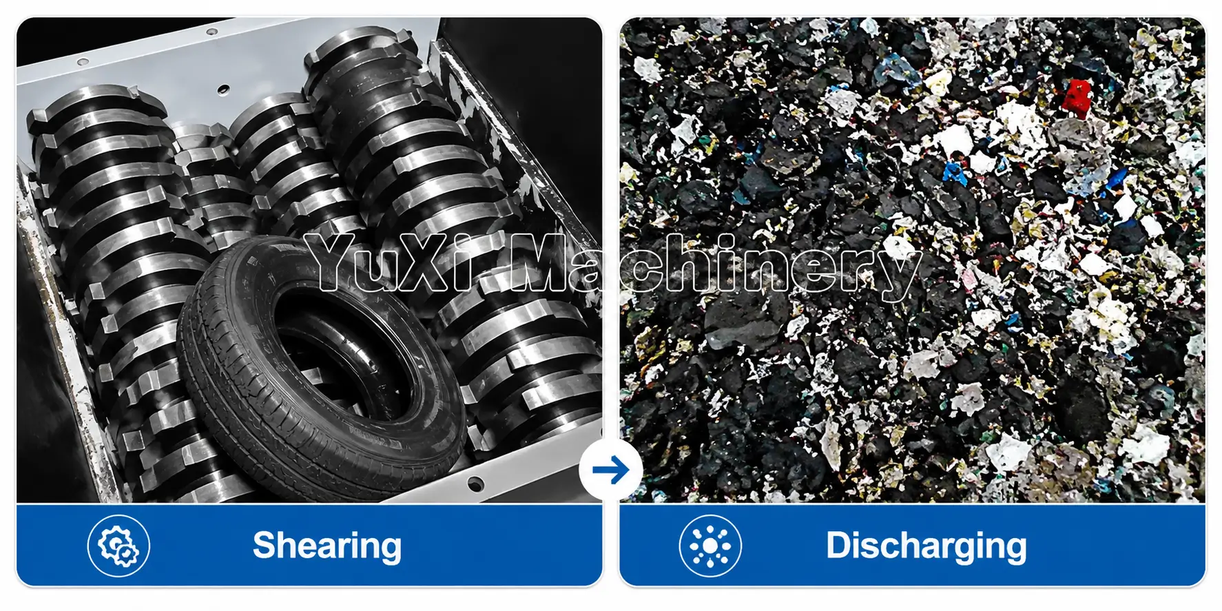Four shaft shredder shearing and discharging process