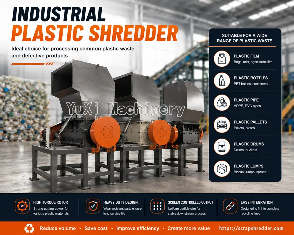 Industrial plastic shredder machine for recycling plastic film bottles pipes pallets drums and plastic waste