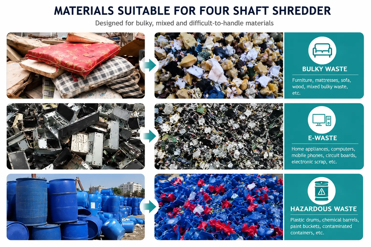 Four shaft shredder applications for bulky waste e-waste and hazardous waste packaging