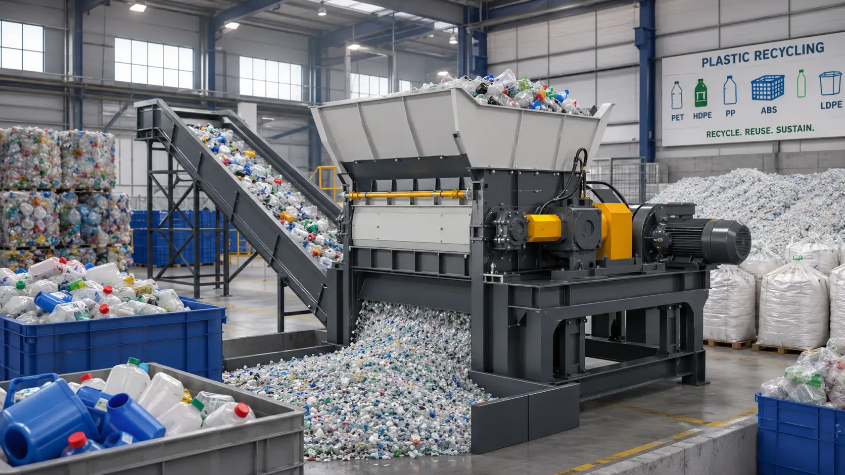 Single shaft shredder processing mixed plastic waste in a plastic recycling plant