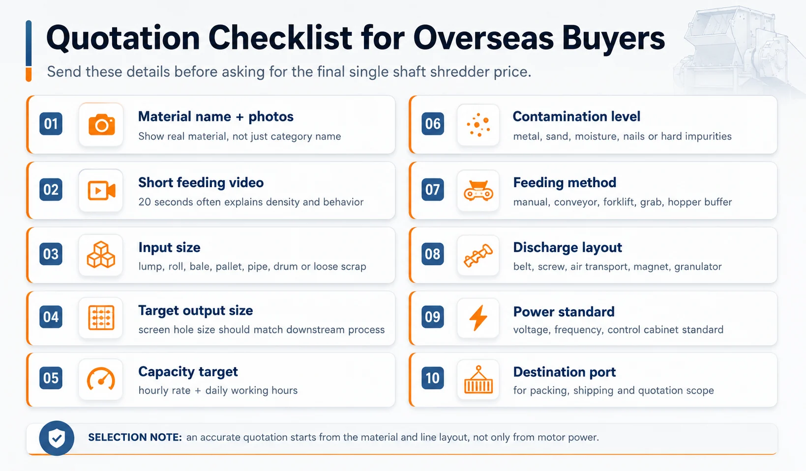 Quotation checklist for overseas buyers asking for an industrial single shaft shredder price