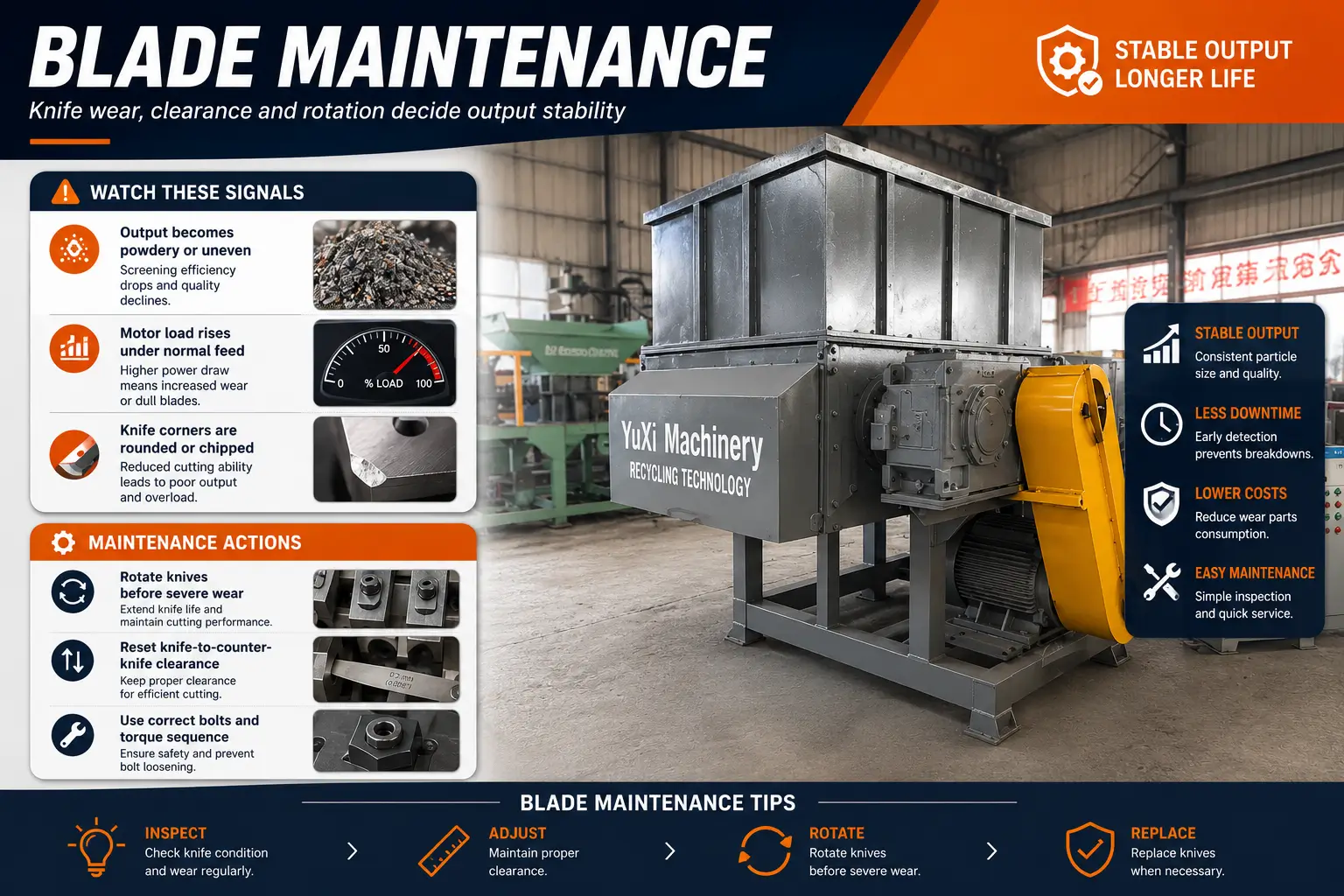 Single shaft shredder blade maintenance showing knife wear signals and corrective actions