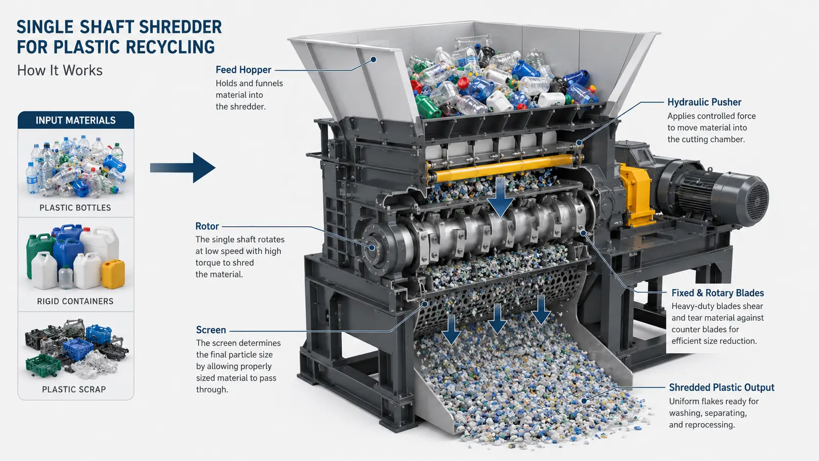 How a single shaft shredder works for plastic recycling with hopper pusher rotor blades screen and discharge
