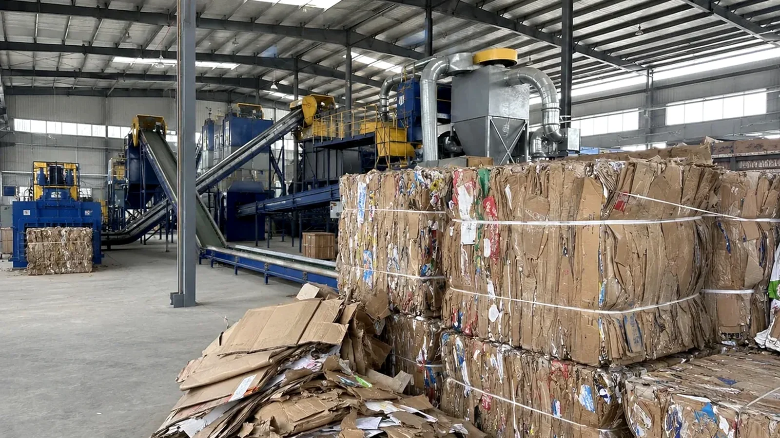 Baled old corrugated containers beside conveyors and dry cardboard recycling equipment in an industrial workshop