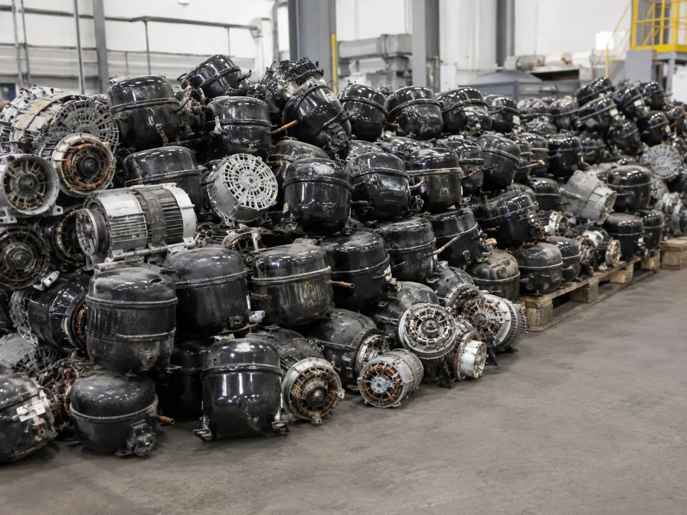 Refrigerator compressors and motors removed before shredding