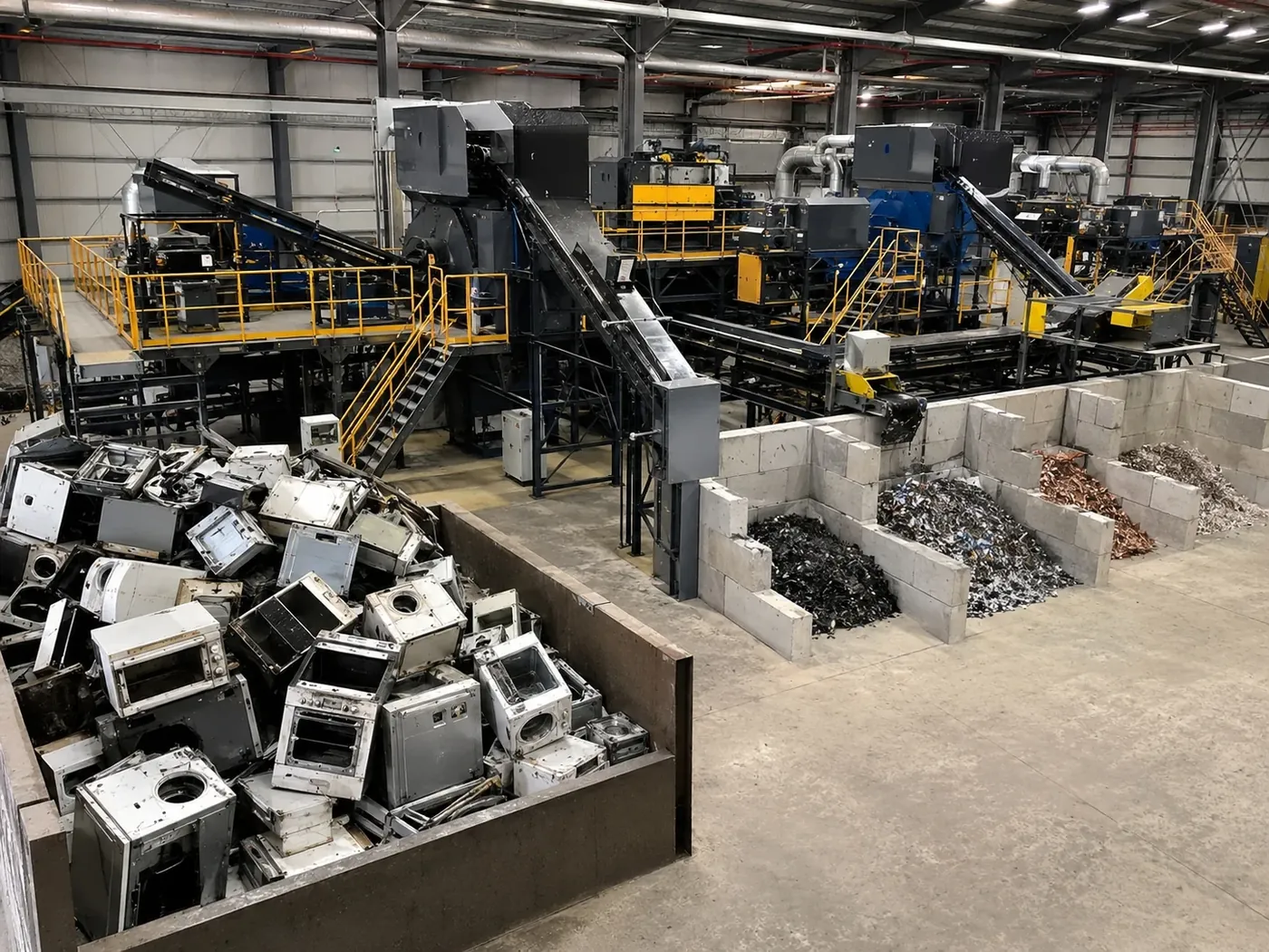Automated household appliance and refrigerator recycling line with conveyors and material bins