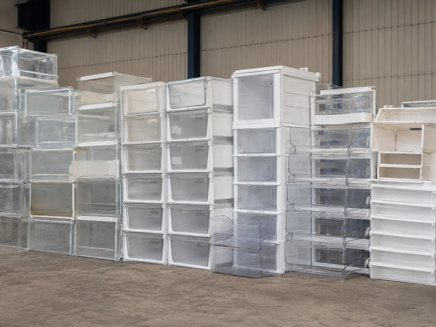 Plastic refrigerator drawers removed during dismantling