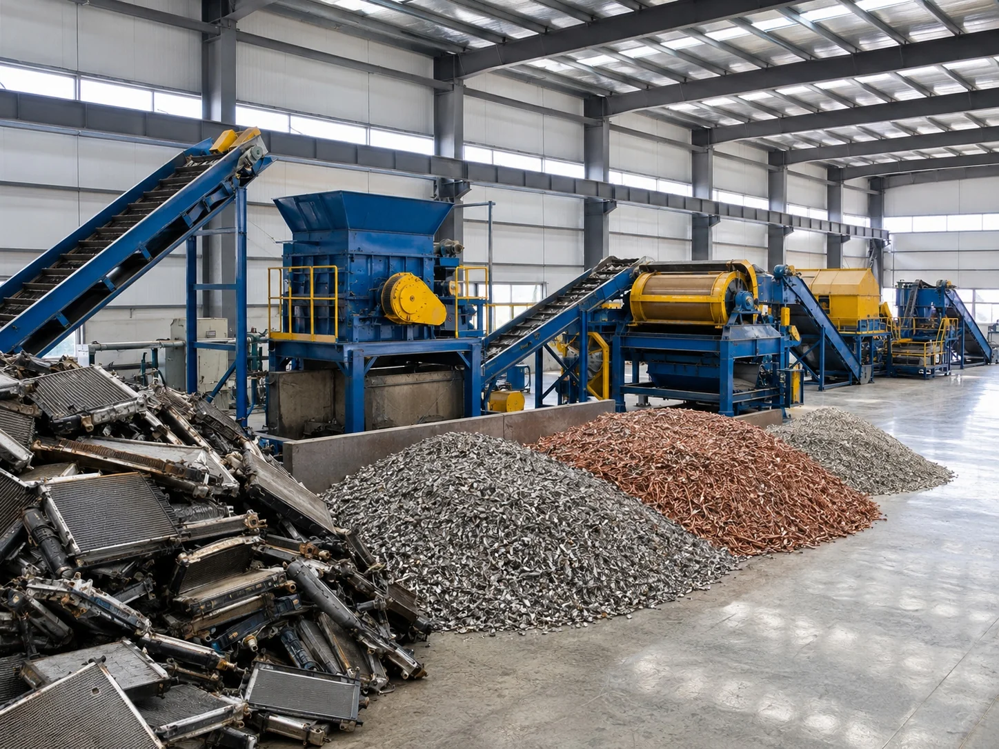 Car radiator recycling plant with separated metal outputs