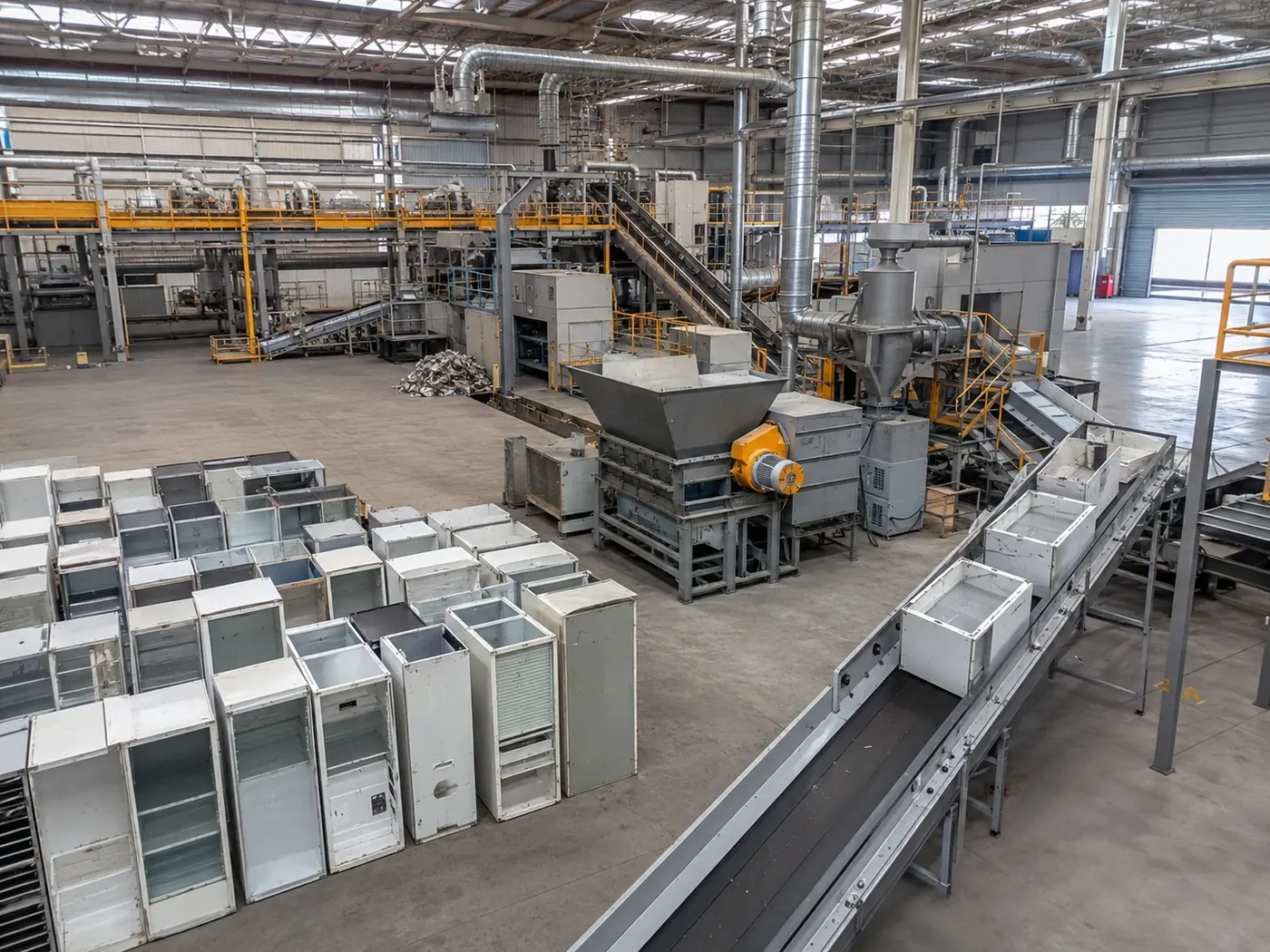 Refrigerator cabinet shredding and material separation line