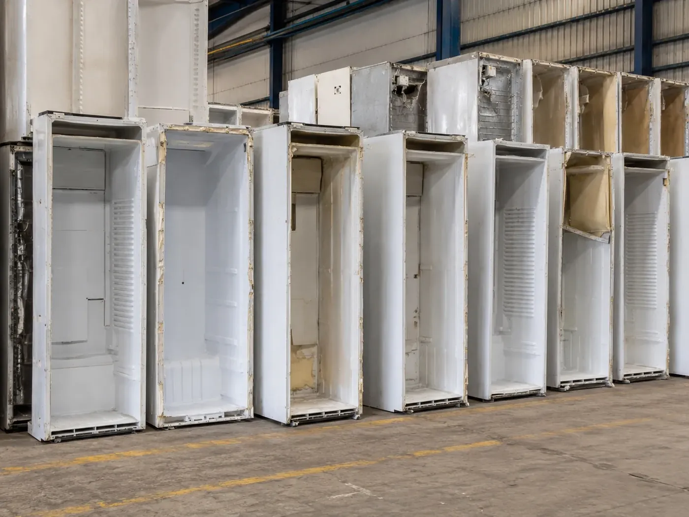 Depolluted refrigerator cabinets ready for shredding