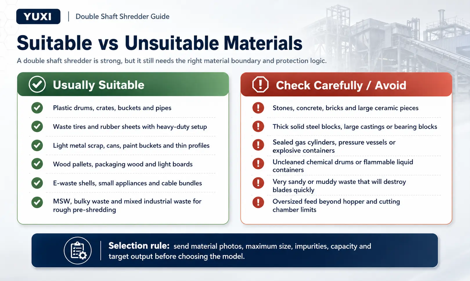Suitable and unsuitable materials for double shaft shredder selection