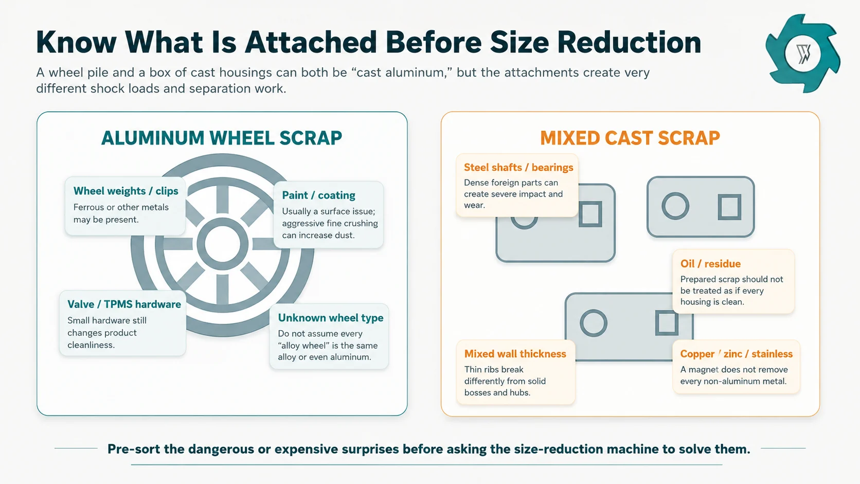 تشريح خردة العجلات الألومنيومية ومواد تغذية الألومنيوم المصبوب، مع إظهار الملحقات الفولاذية وغير المعدنية