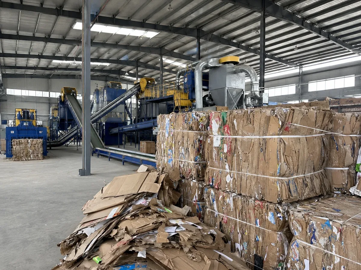 Compressed OCC bales and loose cardboard beside an industrial cardboard recycling line