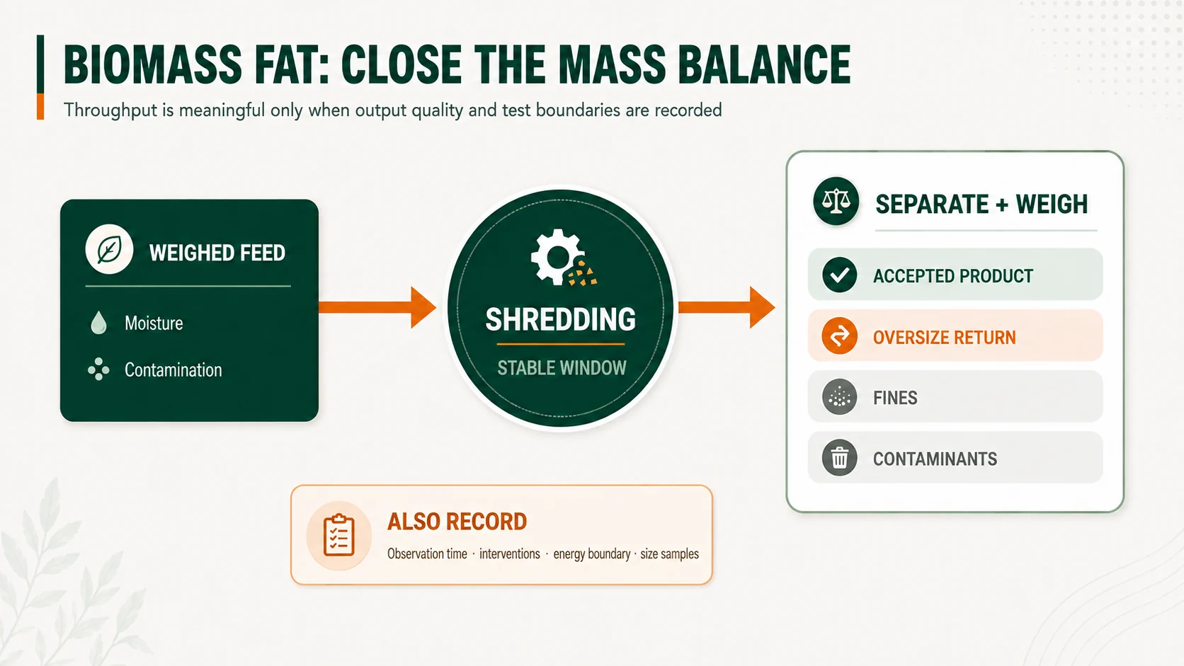 Biomass shredder factory acceptance test mass balance with accepted product oversize fines and contaminants