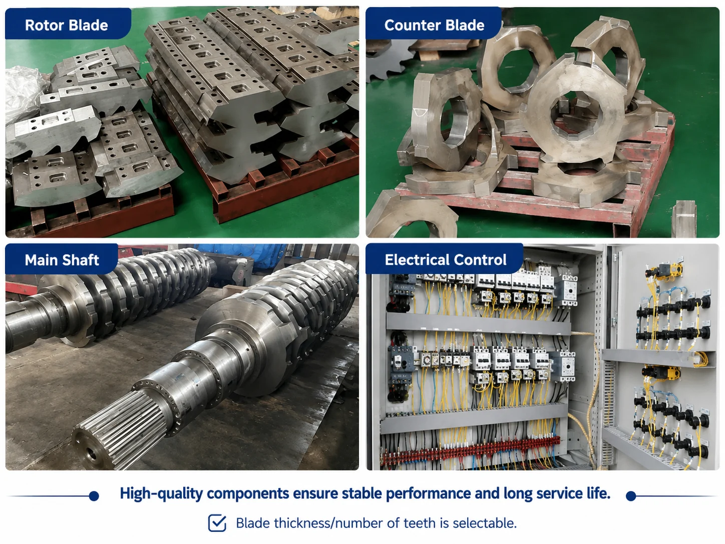 Double shaft shredder rotor blades counter blades main shafts and electrical controls