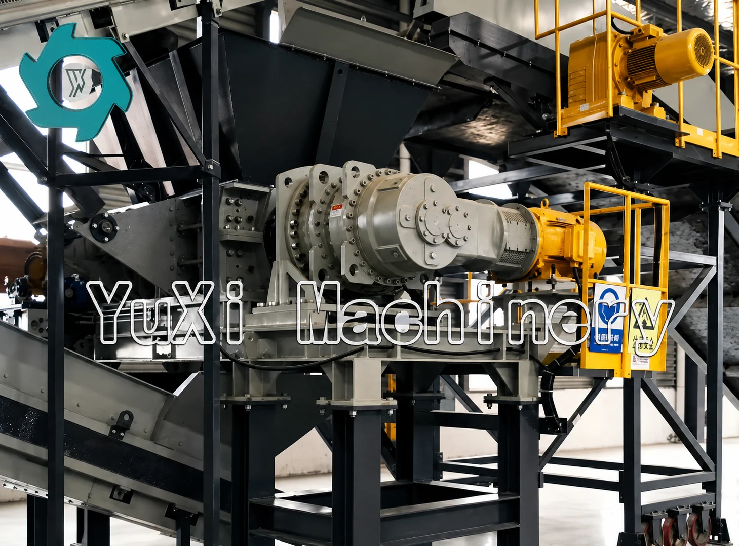YUXI industrial hydraulic shredder installed in a recycling line