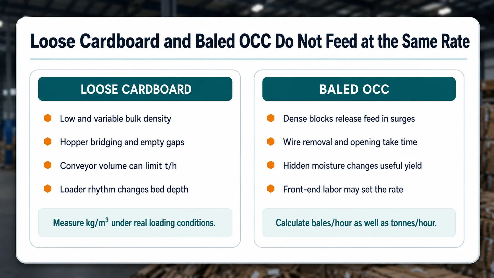 Comparison of capacity limits for loose cardboard and baled OCC feed