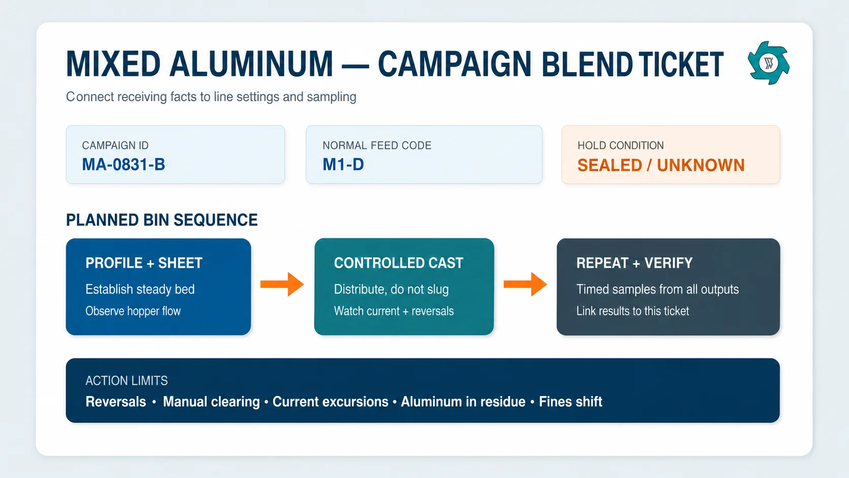 Example mixed aluminum scrap blend ticket with lot classes and operating limits