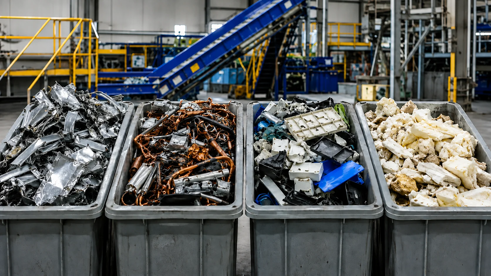Metales ferrosos, cobre y aluminio, plásticos y espuma de poliuretano recuperados de frigoríficos