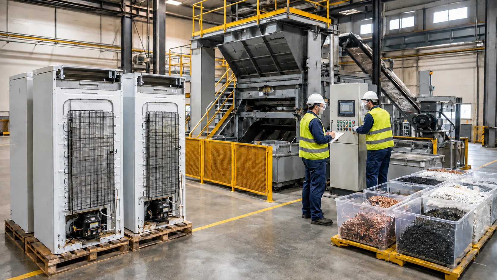 Prueba de aceptación en fábrica del equipo de reciclaje de frigoríficos con muestras preparadas de entrada y salida