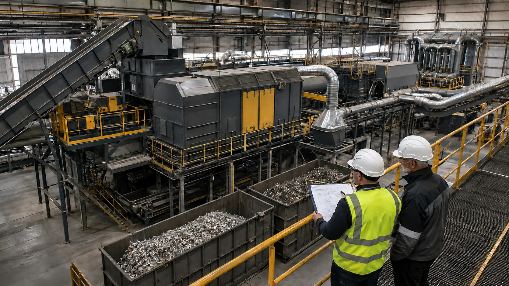 Ingenieros que revisan el alcance y el diseño de una línea de equipos de reciclaje de frigoríficos