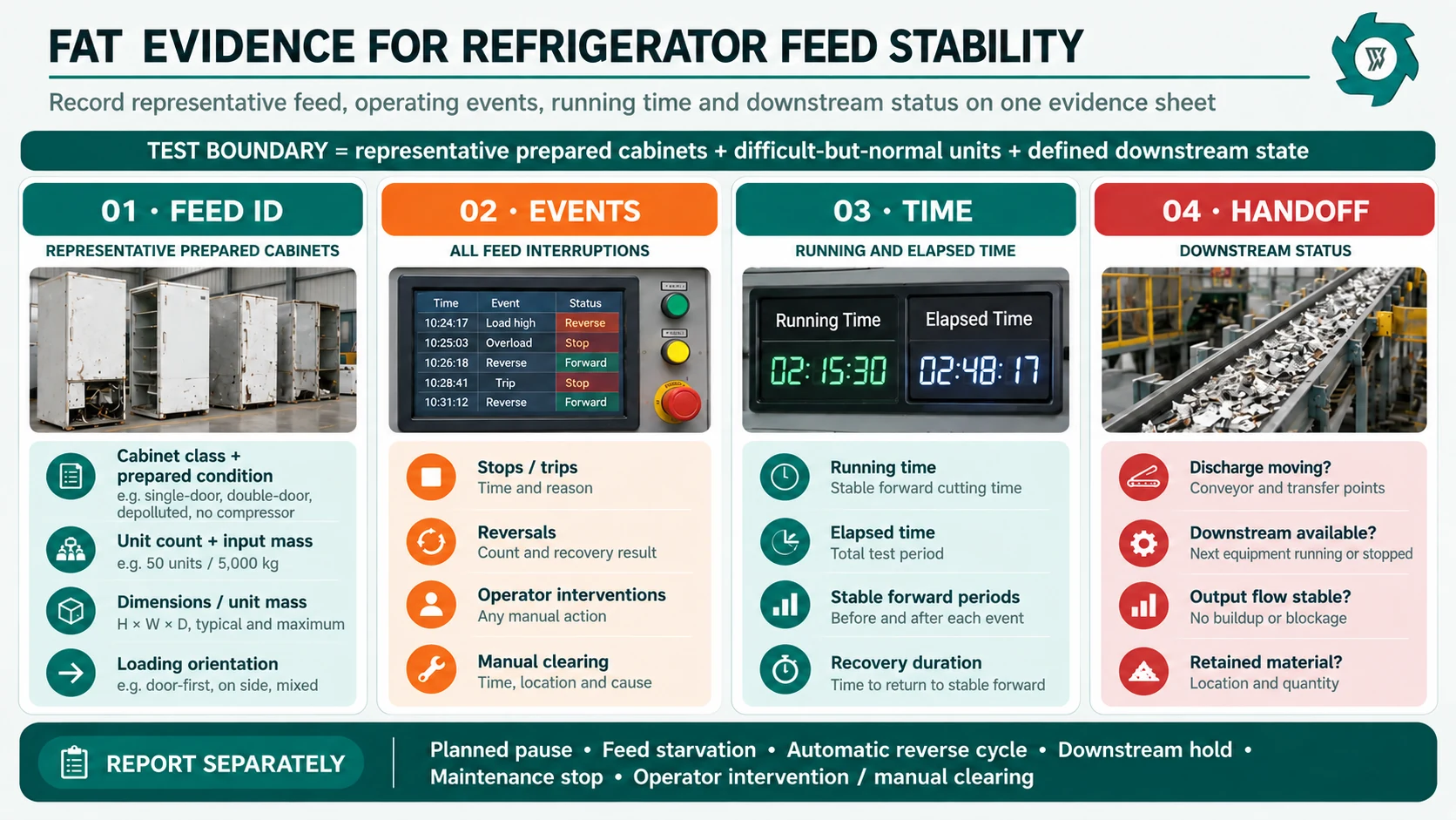 Factory acceptance test evidence checklist for refrigerator shredder feed faults and recovery events