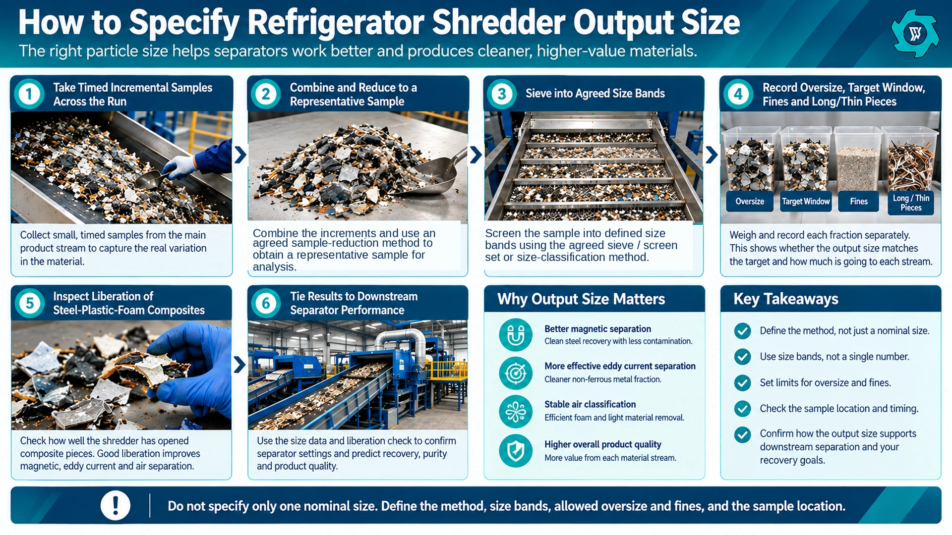 Sampling workflow for specifying refrigerator shredder output size with timed increments size bands and liberation checks