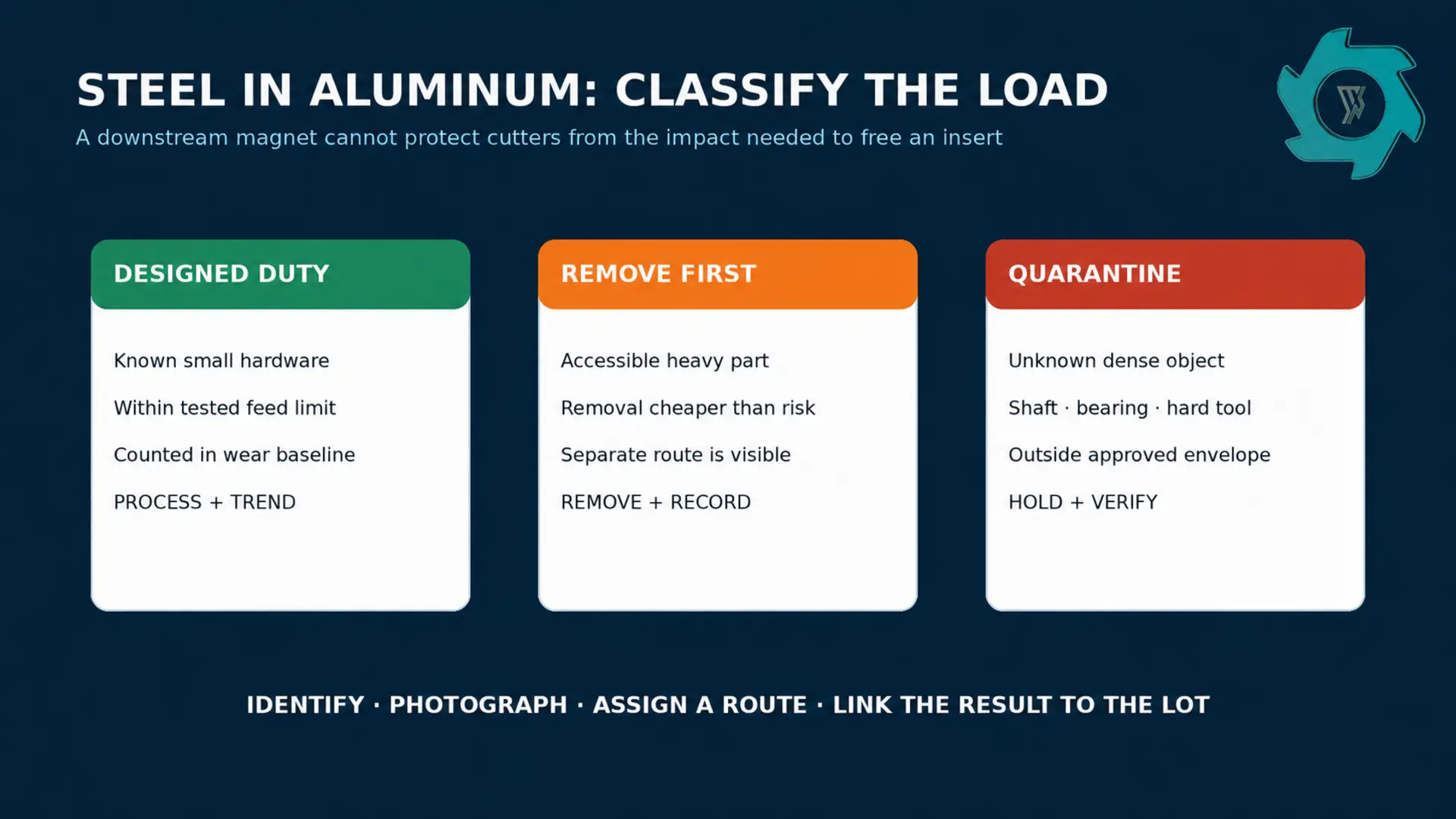 Decision map classifying steel attachments in aluminum scrap as designed duty remove before shredding or quarantine